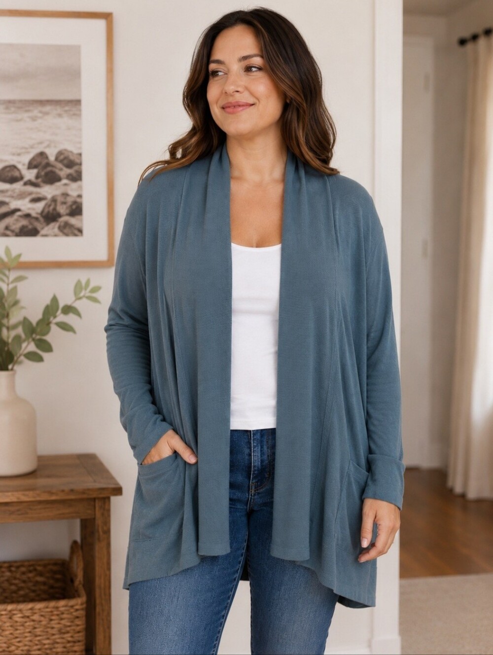Athleta Pranayama Wrap Cardigan Sweater Blue Modal Open Front Large Long Sleeve